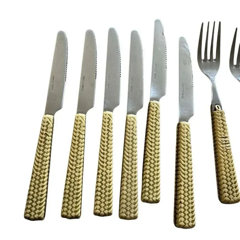 Faux Weaved Bamboo Flatware Lot Of 14